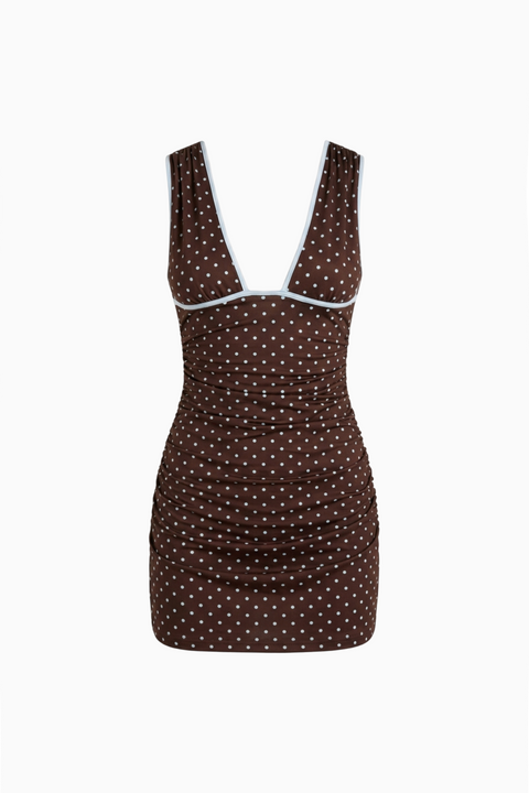 Ruched Polka Dot V-Neck Mini Dress