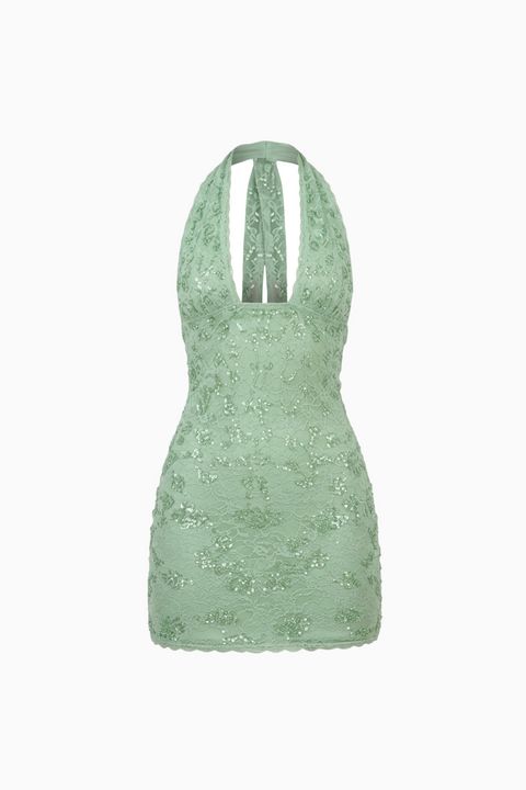Mint Green Lace Halterneck Mini Dress
