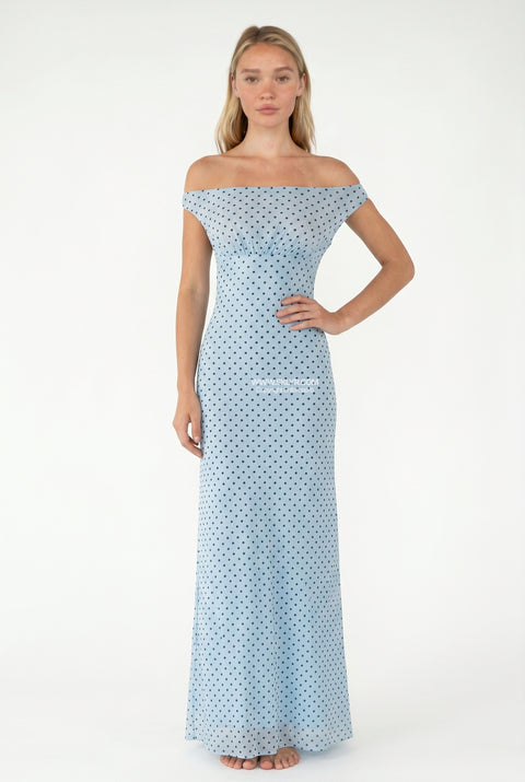 Baby Blue Ruched Bardot Polka Dot Long Dress