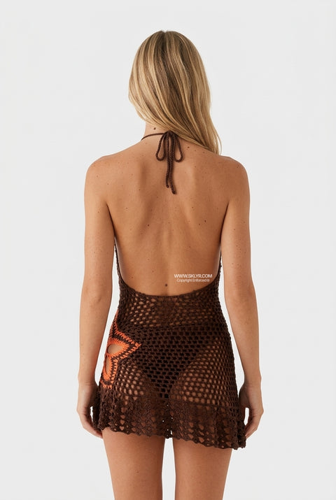 Brown Crochet Halter Mini Dress