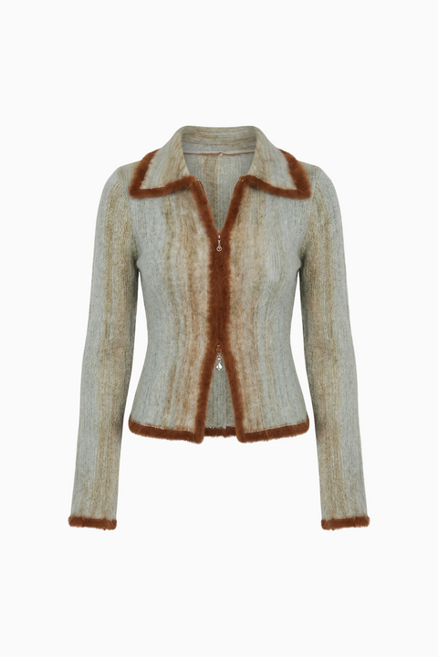 Faux Fur Trim Knit Zip-Up Cardigan
