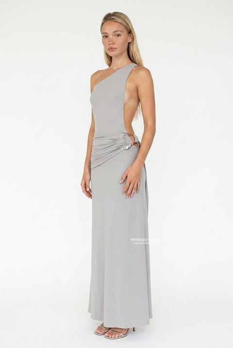 Asymmetrical Ruched Side-Buckle Maxi Dress