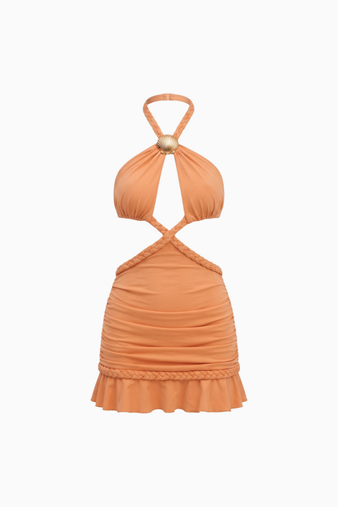 Orange Halter Cutout Ruched Mini Dress