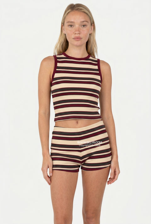 Ribbed Burgundy & Beige Striped Short Set