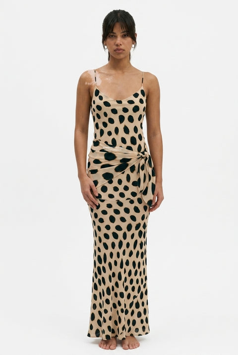Spotted Tie-Waist Slip Maxi Dress