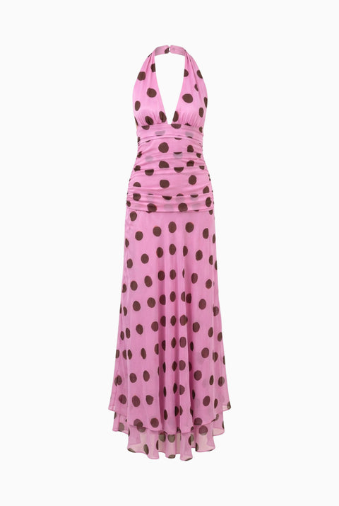 Pink Polka Dot Halter Maxi Dress