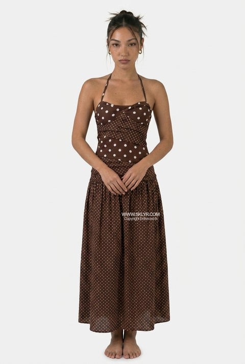 Brown Polka Dot Fitted Maxi Dress