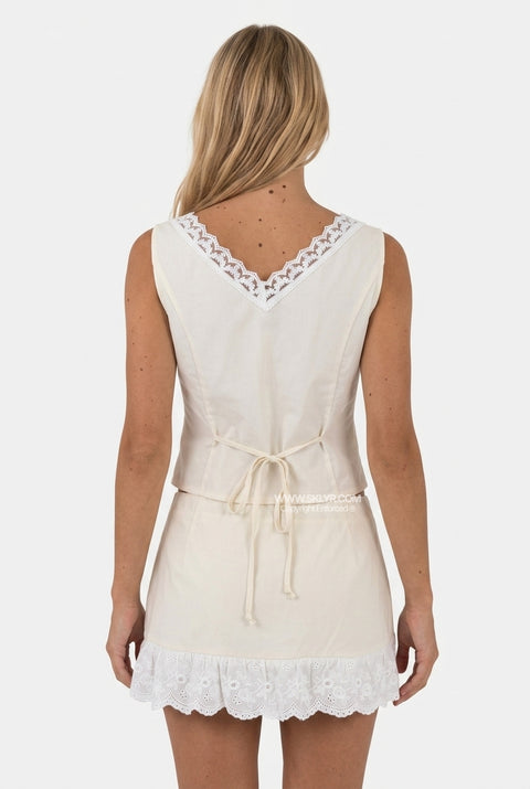 Cream Lace Crochet Top & Skirt Set
