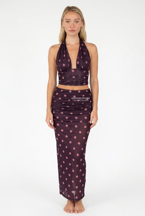 Mesh Polka Dot Halter Crop Top & Skirt Set