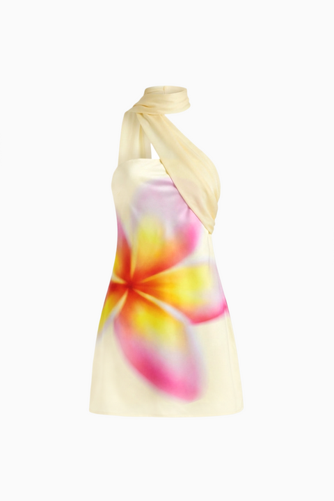 Cream Tropical Print Tie-Shoulder Mini Dress
