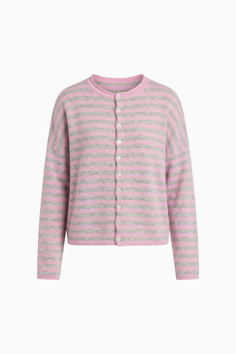 Cozy Striped Cashmere-Blend Cardigan Pink & Grey