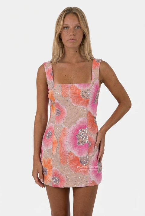 Pink Floral Sequin Slip Mini Dress