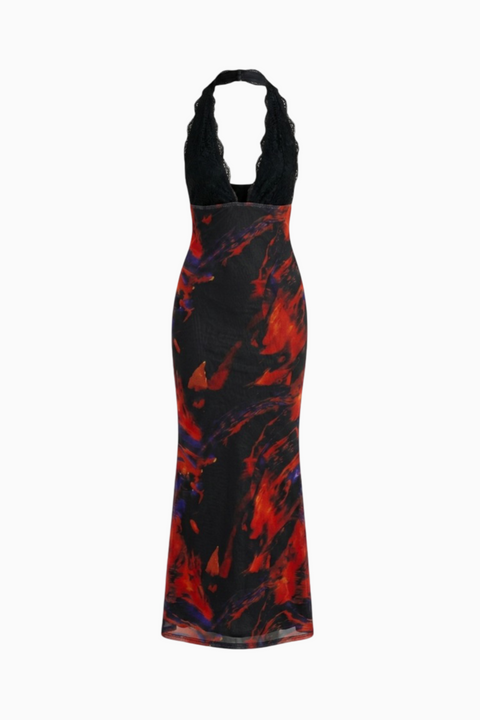 Black Lace And Red Abstract Maxi Dress