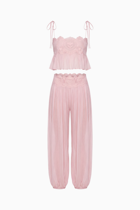 Pink Lace-Trimmed Crop Top and Pleated Harem Pants Set