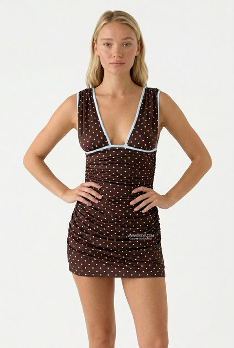 Ruched Polka Dot V-Neck Mini Dress