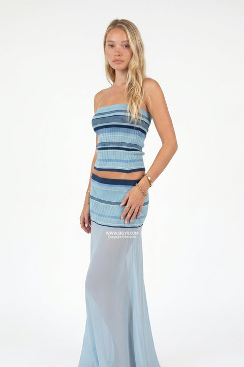 Blue Tonal Striped Knit & Chiffon Set