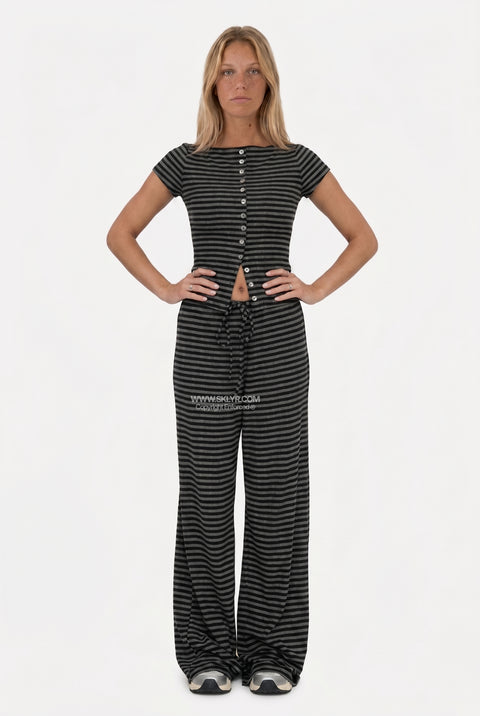 Charcoal Striped Button-Down Loungewear Set