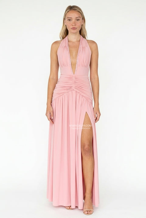 Dusty Pink Ruched Pleated Maxi Dress