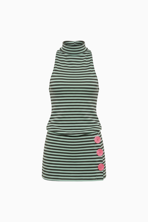 Green Striped with Pink Buttons Dress