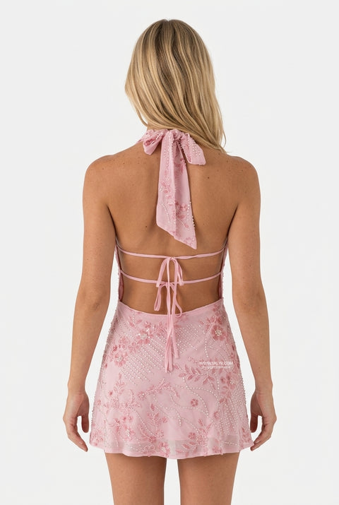 Pink Floral Halter Mini Dress