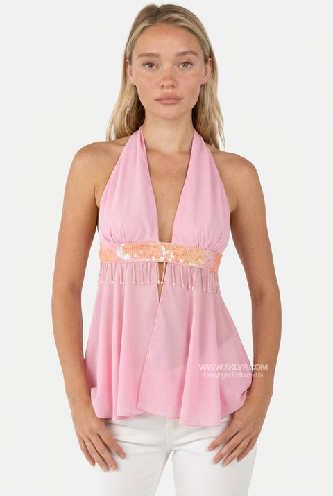 Pink Ruffle-Trim Fitted Top