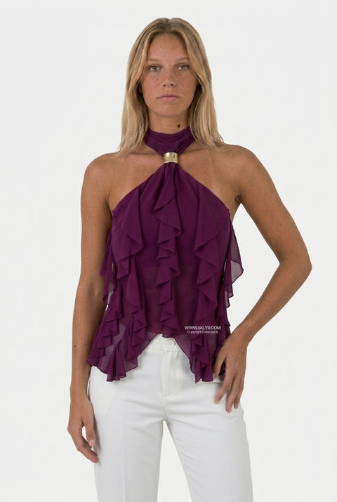 Purple Velvet Fringe Crop Top