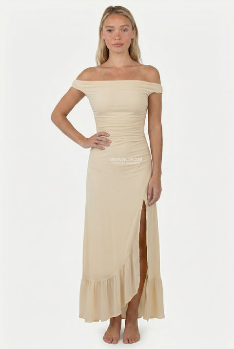 Pale Blush Ruched Maxi Dress