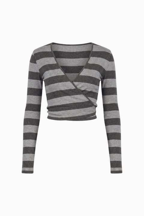Grey and Black Striped V-Neck Long Sleeve Wrap Crop Top