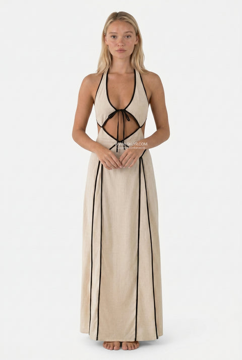 Beige Halter Cutout with Contrast Piping Maxi Dress