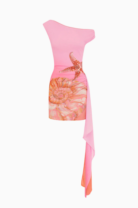 One-Shoulder Starfish Graphic Draped Mini Dress