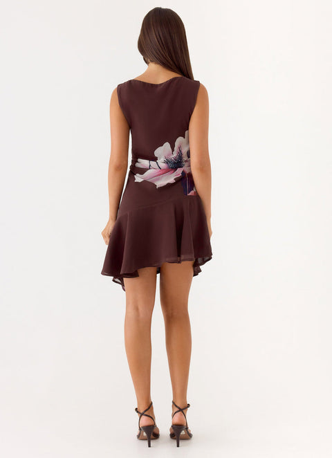 Chocolate Hibiscus Asymmetrical Ruffle Midi Dress