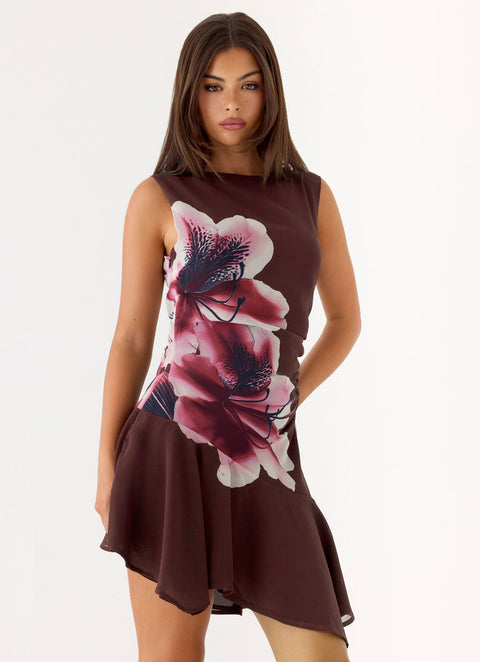 Chocolate Hibiscus Asymmetrical Ruffle Midi Dress