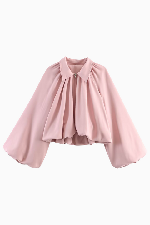 Collared Zip-Front Ruched Crop Jacket with Balloon Sleeves