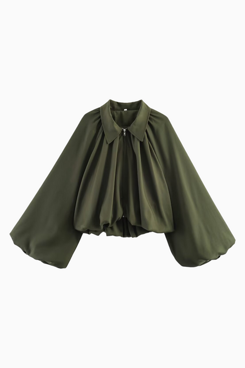 Collared Zip-Front Ruched Crop Jacket with Balloon Sleeves