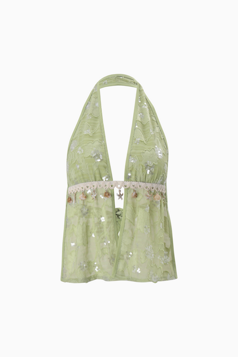 Sage Green Floral Sequin Halter Top
