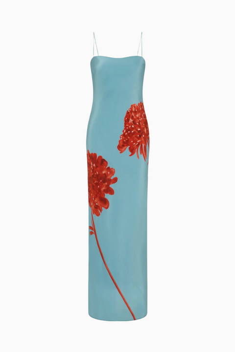 Light Blue Satin Floral Maxi Dress