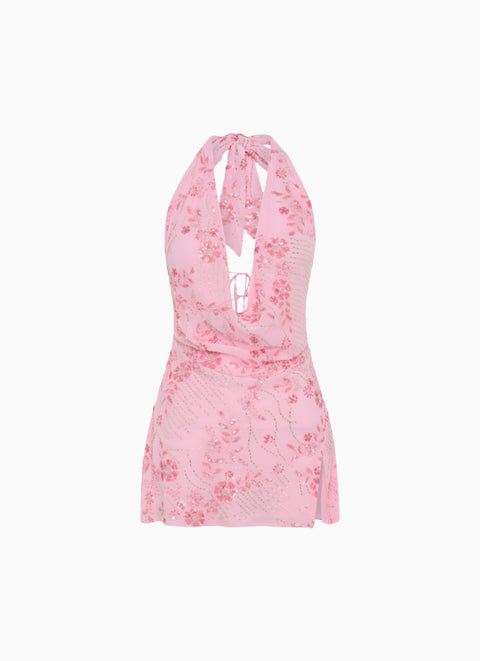 Pink Floral Halter Mini Dress
