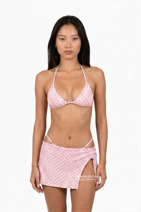 Light Pink Polka Dot 3-Piece Bikini Set with Skirt