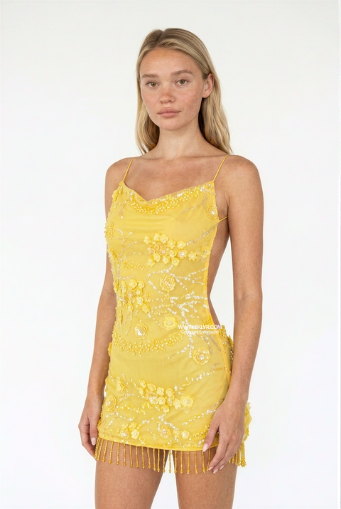 Lemon Yellow Embellished Mini Dress