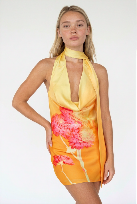 Yellow Sunset Floral Satin Halter Mini Dress