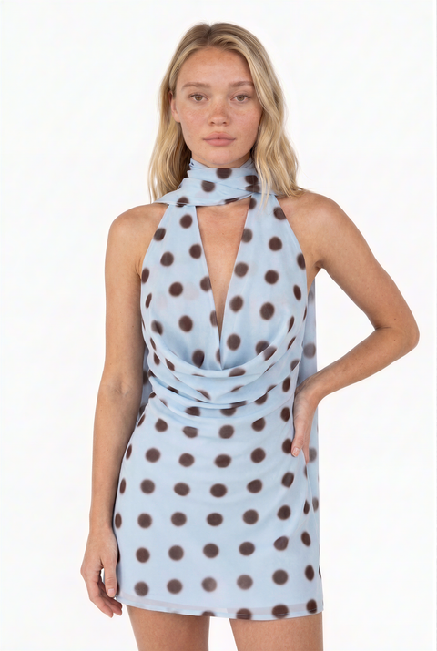 Light Blue Polka Dot Cowl Neck Halter Top Dress