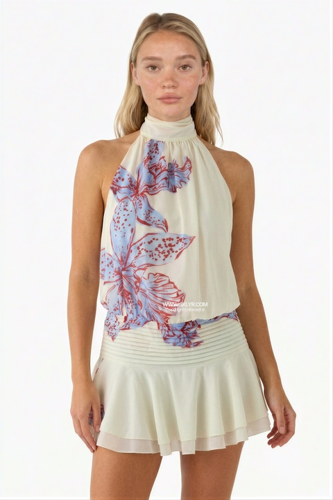 Cream Floral Halter Drop Waist Mini Dress