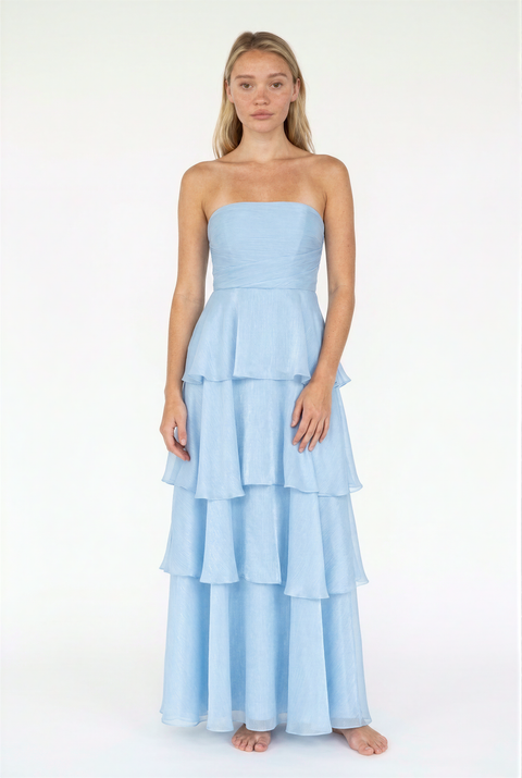 Navy Tiered Ruffle Strapless Maxi Dress
