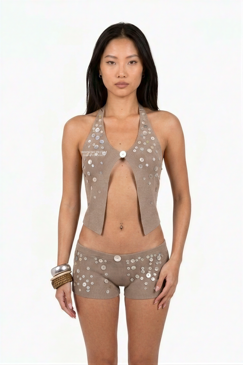Embellished Knit Halter Top and Shorts Set