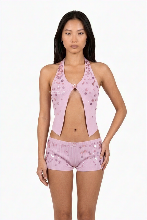 Embellished Knit Halter Top and Shorts Set