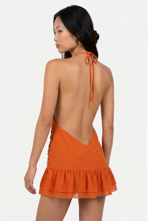 Button-Embellished Halter Mini Dress