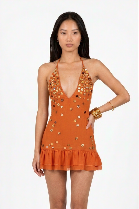 Button-Embellished Halter Mini Dress