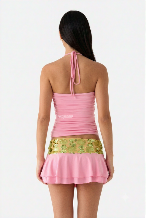 Pink & Green Sequin Halter Skirt Set