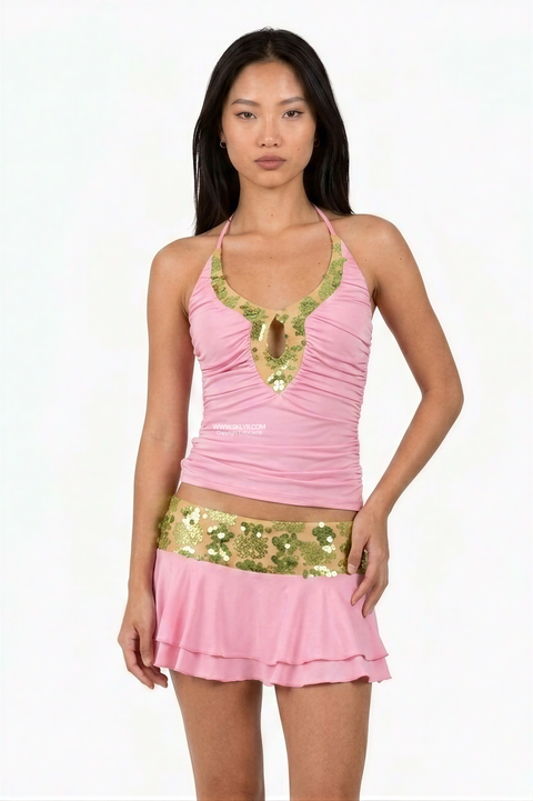 Pink & Green Sequin Halter Skirt Set