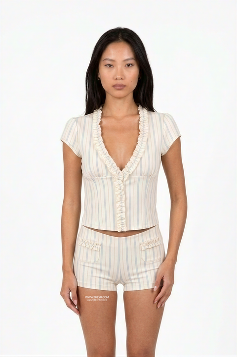 Cream Pinstripe Ruffle V-Neck Top and Matching Set